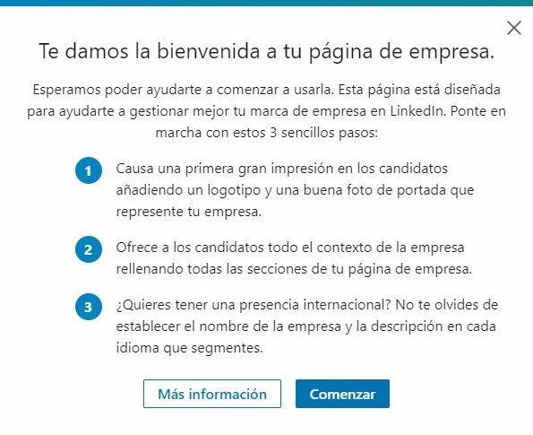 Crear empresa en LinkedIn - Ventana "Te damos la bienvenida a tu página de empresa"